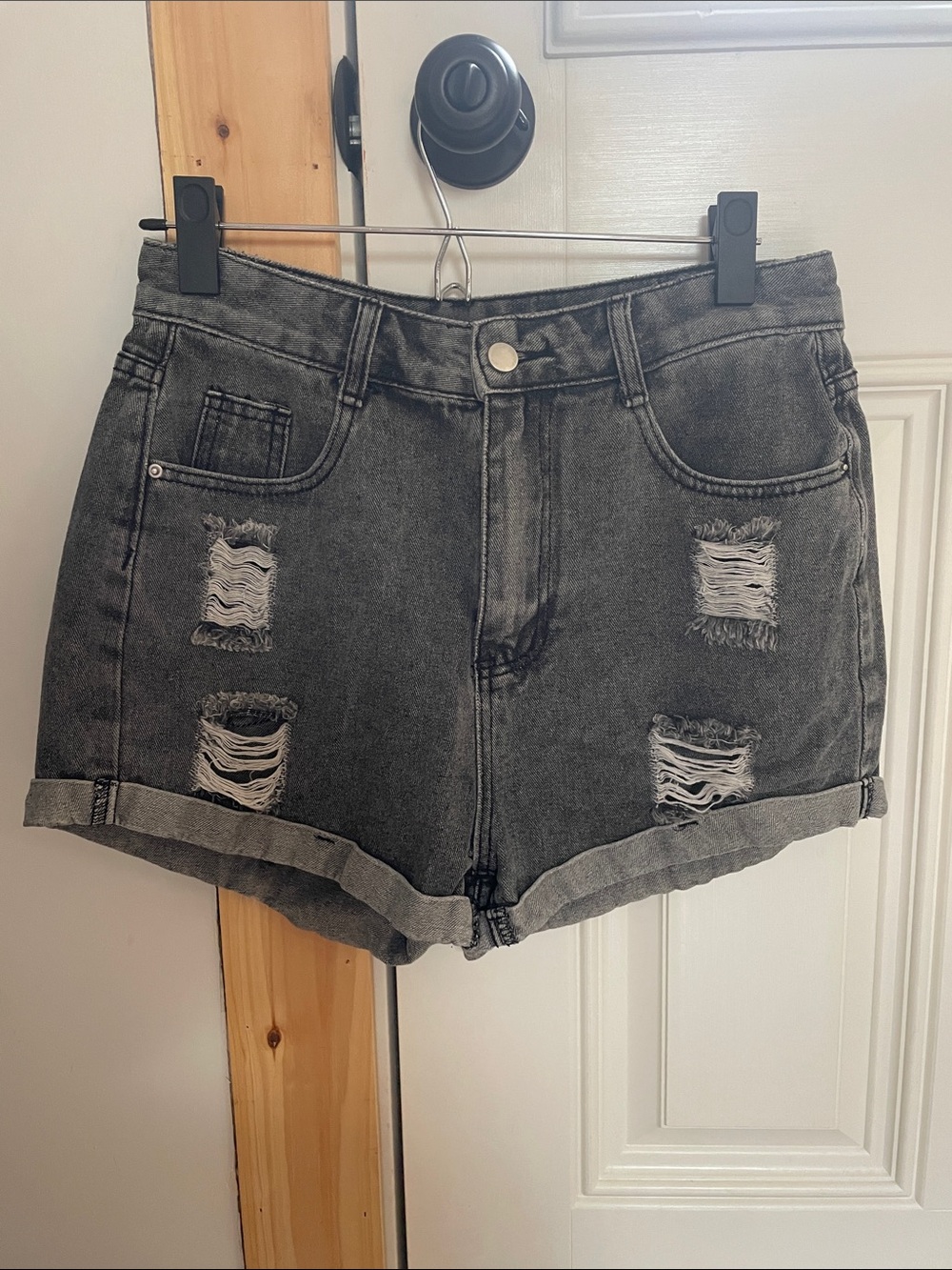Women’s Distressed Black/ Gray Roll-Cuff Denim Shorts